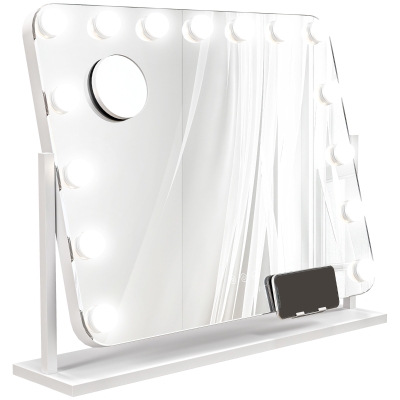 HOMCOM Lustro Kosmetyczne LED, 3 Tryby Światła, Regulacja Jasności, Dotyk, USB, 62,5 x 49,5 cm, Białe