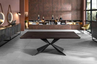 E-STYLO Tavolo con top impiallacciato, gambe in metallo verniciato, 100x200x76cm, rovere termocotto, nero