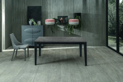 E-STYLO Tavolo allungabile con top e allunghe in melaminico marmo antracite, base in metallo nero, 80x130/290x76cm, marmo antracite, nero