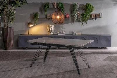 E-STYLO Tavolo allungabile con top e allunghe in ceramica, 4 gambe radiali in metallo, 90x160/240x76cm, marmo grigio, nero opaco