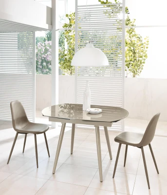 E-STYLO Tavolo allungabile con top e allunghe in vetro temperato, gambe in metallo, 90x120/180x76cm, tortora