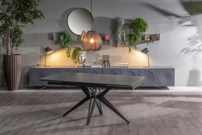 E-STYLO Tavolo allungabile con top e allunghe in ceramica, 4 gambe a stella in metallo, 90x160/240x76cm, grigio vintage, nero opaco
