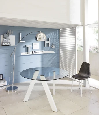 E-STYLO Tavolo con top in vetro temperato e gambe in metallo, 120x120x75cm, trasparente, bianco