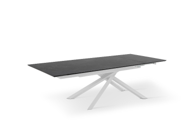 E-STYLO Tavolo con top in rovere termocotto e gambe in metallo verniciato, allunghe esterne impiallacciate, 90x170/270x76cm, nero, bianco