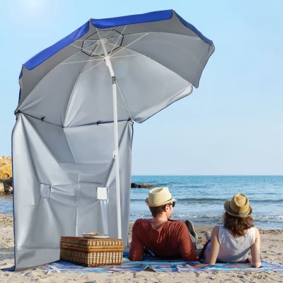 Outsunny Ombrellone da Spiaggia con Tendine Laterali Blu e Bianco