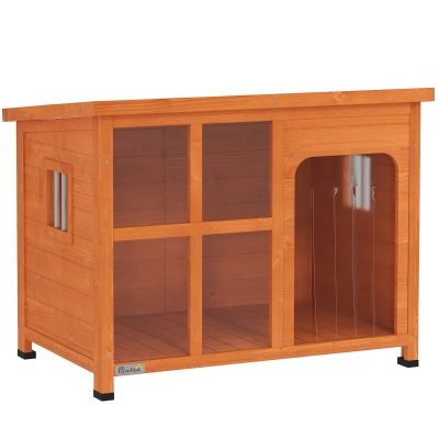 PawHut Casa para Cães de Exterior para Cães Pequenos Médios com Teto Asfáltico 2 Janelas Porta com Cortina Transparente e Base Amovível 90x62x71 cm Madeira