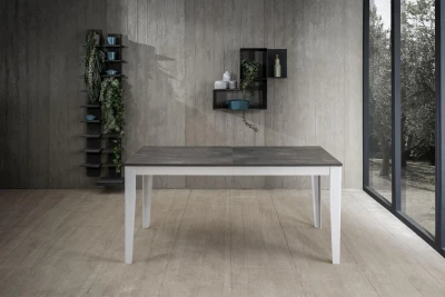E-STYLO Tavolo allungabile con top in melaminico cemento grigio, base in metallo bianco, allunghe in melaminico cemento bianco, 90x156/316x76cm, cemento grigio, metallo bianco