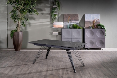 E-STYLO Tavolo allungabile con top e allunghe in ceramica e 4 gambe radiali in metallo, 90x160/240x76cm, marmo nero, nero opaco
