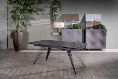 E-STYLO Tavolo allungabile con top e allunghe in ceramica e 4 gambe radiali in metallo, 90x160/240x76cm, marmo nero, nero opaco