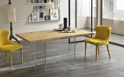 E-STYLO Tavolo allungabile con top in truciolare e gambe in vetro temperato extra trasparente, 90x160/240x76cm, rovere naturale, vetro trasparente