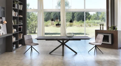 E-STYLO Tavolo allungabile con top in ceramica su vetro temperato, gambe in metallo verniciato, 90x160/240x76cm, ceramica grigio grafite, antracite