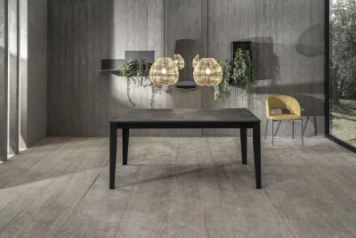 E-STYLO Tavolo allungabile con top e allunghe in melaminico cemento grigio, base in metallo nero, 90x130/290x76cm, cemento grigio, metallo nero