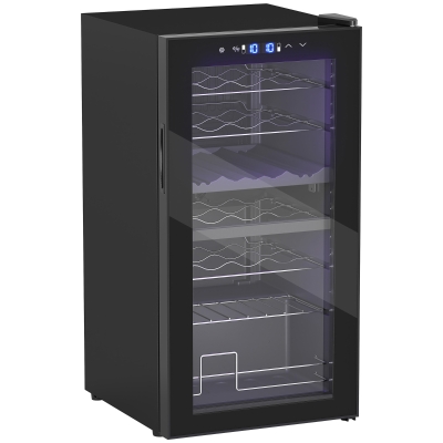 HOMCOM Kleiner Weinkühlschrank, Mini-Kühlschrank für 28 Flaschen, 74 Liter Kapazität, Glastür, LED-Beleuchtung, Touch-Screen