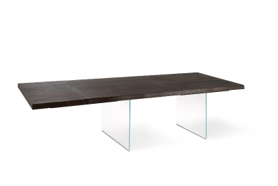 E-STYLO Tavolo con top in rovere termocotto e gambe in vetro temperato extra trasparente, 100x200/300x76cm, rovere termocotto, vetro trasparente