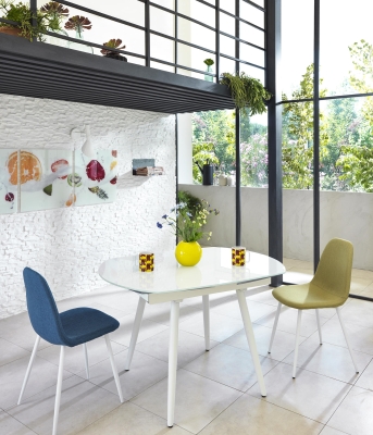 E-STYLO Tavolo allungabile con top e allunghe in vetro temperato, gambe in metallo, 90x120/180x76cm, bianco