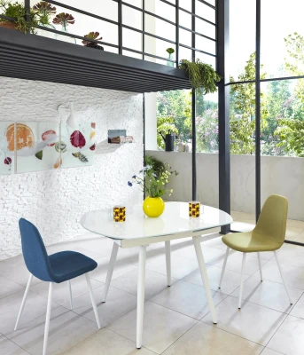 E-STYLO Tavolo allungabile con top e allunghe in vetro temperato, gambe in metallo, 90x120/180x76cm, bianco