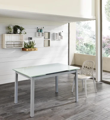 E-STYLO Tavolo allungabile con top in vetro temperato bianco e gambe in metallo bianco , 75cm X 110/170cm H. 75cm.