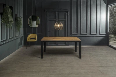 E-STYLO Tavolo allungabile con top e allunghe in melaminico rovere, base in metallo nero, 90x130/290x76cm, rovere, metallo nero