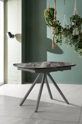E-STYLO Tavolo allungabile con top in ceramica su vetro, gambe in metallo, 90x120/180x76cm, marmo grigio, antracite