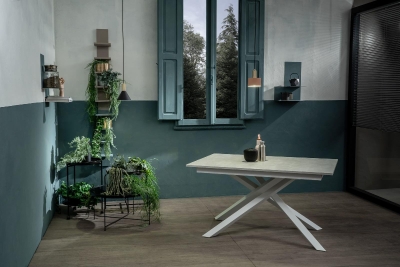 E-STYLO Tavolo allungabile con top e allunghe in melaminico e base in metallo, 90x140/190x76cm, cemento bianco, bianco