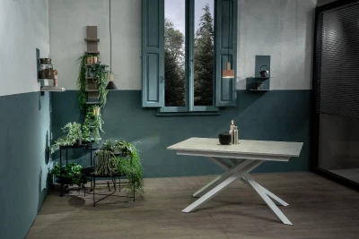 E-STYLO Tavolo allungabile con top e allunghe in melaminico e base in metallo, 90x140/190x76cm, cemento bianco, bianco