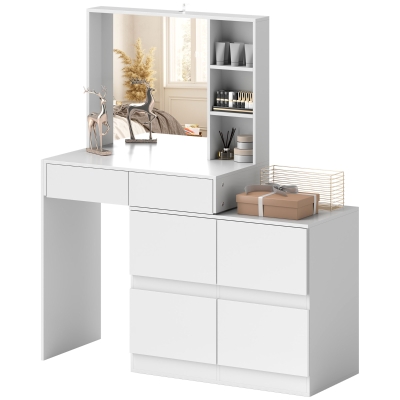 HOMCOM Kaptafel, Makeup-Tafel met Grote Spiegel, 4 Laden, 3 Open Vakken, 2 Kasten, MDF, Wit