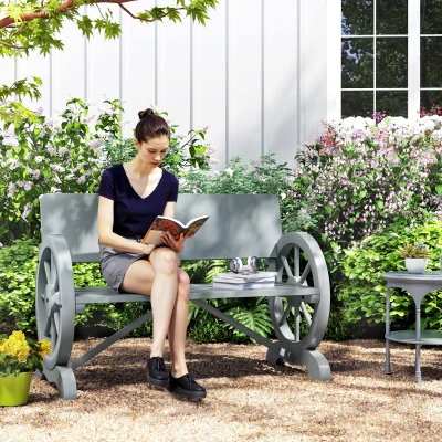 Outsunny Fir Wood Wagon Wheel 2-Seater Bench Grey