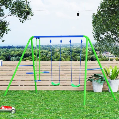 Outsunny Schaukelgestell, Outdoor-Schaukelgerüst mit 2 Schaukeln, Wippe, Kinderschaukel mit Metallgestell, Grün
