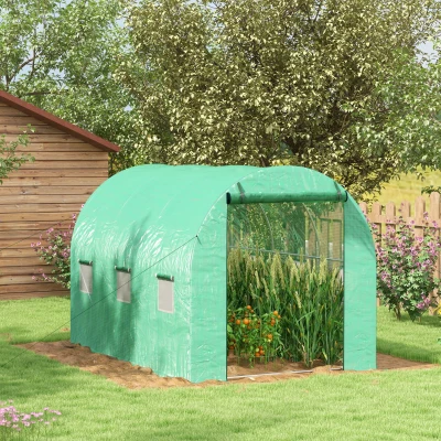 Outsunny Garten-Gewächshaus Tunnel 6 m² mit integriertem Bewässerungssystem, 3L x 2B m 6 Fenster Aufrollbare Tür Grün