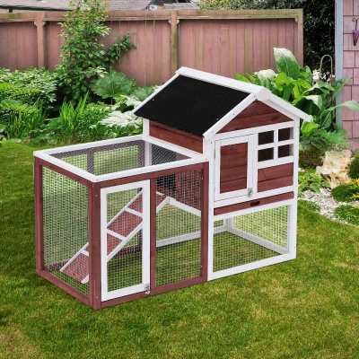 PawHut Hasenstall Multi-ausgestattet: Oberteil mit Rampe, Kotwanne, Fenster + sicheres Außengehege 2 Türen 122L x 63B x 92H cm Terrakotta