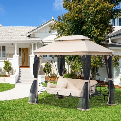 Outsunny Hollywoodschommel met zijwanden tuinschommel schommel 3-zitter beige