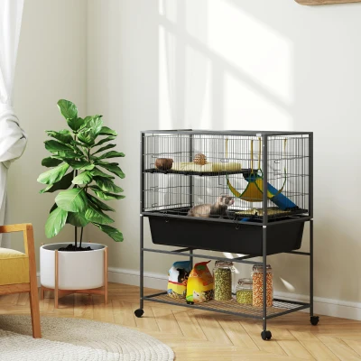 PawHut Gaiola para Animais Pequenos de 3 Níveis com Rodas Rampas e Bandeja Amovível Recinto para Roedores 88x48x102 cm Cinza Escuro