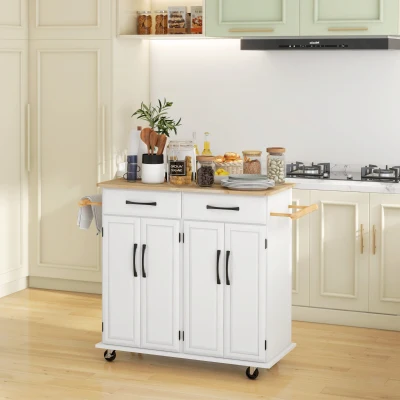 HOMCOM Ilha de Cozinha Carrinho de Cozinha Móvel Auxiliar de Jantar com Rodas 4 Portas 2 Gavetas Toalheiros e Prateleiras Ajustáveis 111x44,5x90,5 cm Branco e Carvalho
