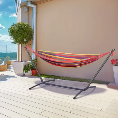 Outsunny Cama Rede com Suporte de Aço Portátil com Altura Ajustável em 6 Níveis com Bolsa de Transporte para Jardim Sala de Estar Carga Máxima 150kg 200x150cm Multicor