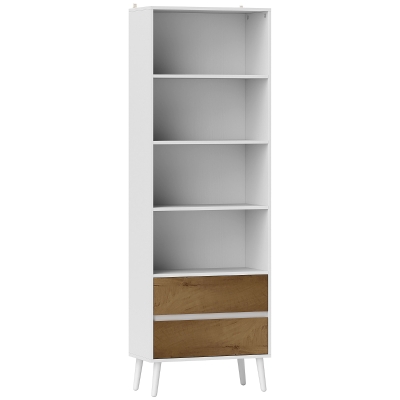 HOMCOM Estantería Bicolor con 4 Estantes Abiertos y 2 Cajones de Melamina con Patas de Pino 60x30x179cm Blanco y Madera Natural