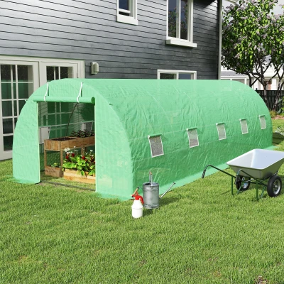 Outsunny Invernadero de Túnel 8x3x2 m Invernadero de Jardín con 12 Ventanas y Puerta Enrollable Acero y PE 140 g/m² Verde