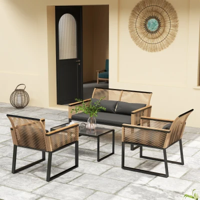 Outsunny Set da Giardino Rattan Divano, 2 Poltrone, Tavolino Nero