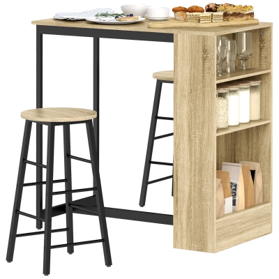 HOMCOM 3-delige Bartafelset, 1 Counter, 2 Stoelen, met Opbergruimte en Voetsteunen, Ruimtebesparend, Lichtbruin+Zwart