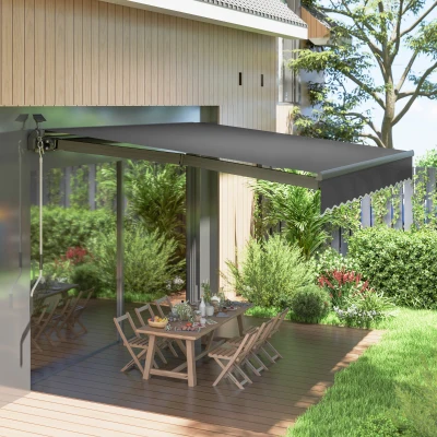 Outsunny Uitschuifbare Luifel met Handkruk en Zonne-energie LED-licht UV 50+ 400 cm breed Grijs