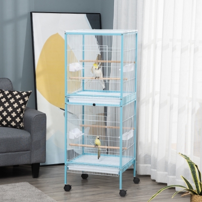 PawHut Gaiola para Pássaros com Rodas de 2 Níveis  com Bandejas Removíveis Portas Comedouros Poleiros 51,5x50x140 cm Azul