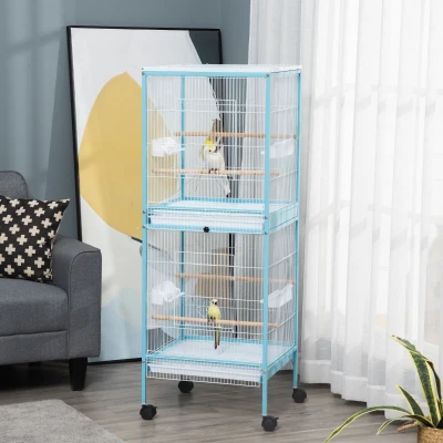PawHut Gaiola para Pássaros com Rodas de 2 Níveis  com Bandejas Removíveis Portas Comedouros Poleiros 51,5x50x140 cm Azul