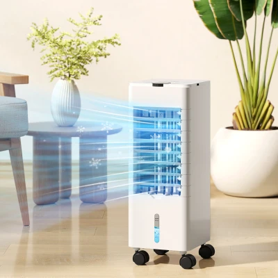 HOMCOM Climatizador  3 em 1 Portátil 60W com 3 Velocidades Temporizador até 12H Depósito de 3,8 L Oscilação de 60º 24x21,5x59 cm Branco