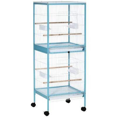 PawHut Gaiola para Pássaros com Rodas de 2 Níveis  com Bandejas Removíveis Portas Comedouros Poleiros 51,5x50x140 cm Azul