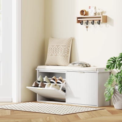 HOMCOM Banco Zapatero con Asiento Acolchado 2 Cajones Abatibles y Estante Ajustable para Entrada 104x26x47,5 cm Blanco
