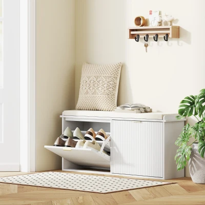 HOMCOM Banco Zapatero con Asiento Acolchado 2 Cajones Abatibles y Estante Ajustable para Entrada 104x26x47,5 cm Blanco