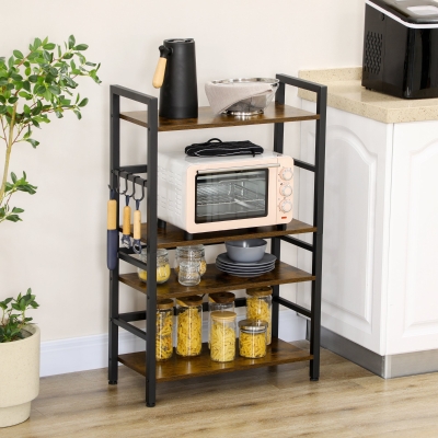 HOMCOM Estante de Cozinha com 4 Prateleiras Ganchos e Sistema Anti-Tombo Estante para Micro-Ondas 65x30x102 cm Castanho Rústico e Preto