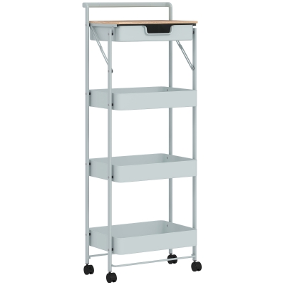 HOMCOM Carrinho Auxiliar com Rodas de 4 Níveis Carrinho de Cozinha com 1 Gaveta e 3 Cestos Carrinho Organizador 45x29,5x117,5 cm Verde