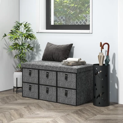 HOMCOM Gestoffeerde Schoenenbank, 6 Schoenenvakken, MDF-frame, Linnen-look, Grijs