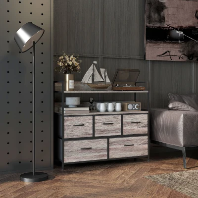 HOMCOM Stoff-Kommode, 5 faltbare Schubladen, 2 Regale, Stahlrahmen, 98 x 29 x 85 cm, Grau