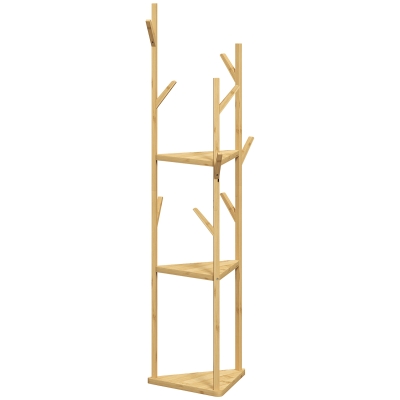 HOMCOM Kledingrek, Garderobestandaard van Bamboehout, 8 Haken, 3 Planken, Natuur